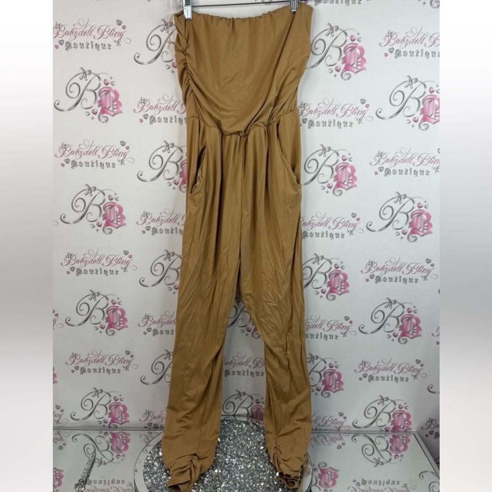 Jumpsuit pants suit, onesie, strapless, pockets, Brown Stylish Tan Jumpsuit